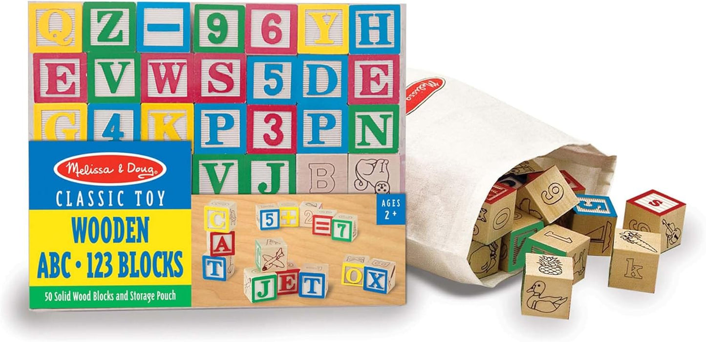 Melissa & Doug Deluxe ABC/123 Juego de bloques de 1 pulgada con bolsa de almacenamiento (50 piezas) - Letras y números/Bloques de madera clásicos ABC