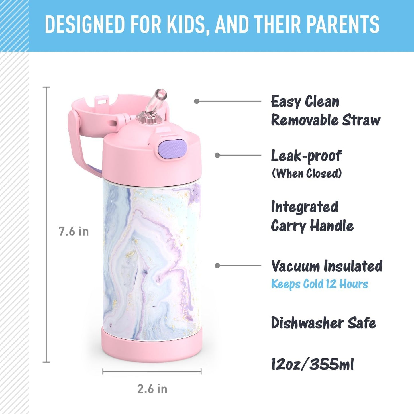 THERMOS FUNTAINER - Botella de agua con pajilla, 12 onzas