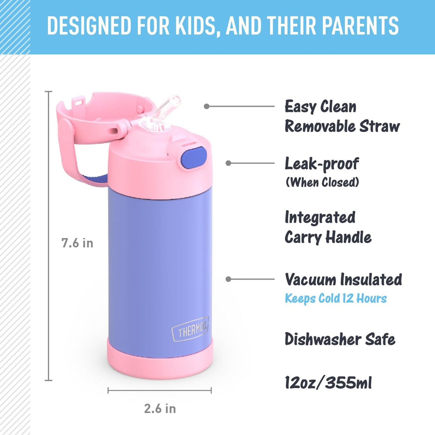 THERMOS FUNTAINER - Botella de agua con pajilla, 12 onzas