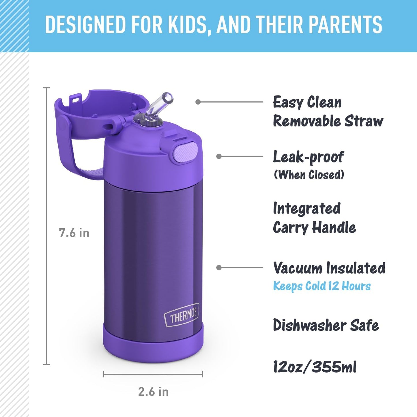 THERMOS FUNTAINER - Botella de agua con pajilla, 12 onzas