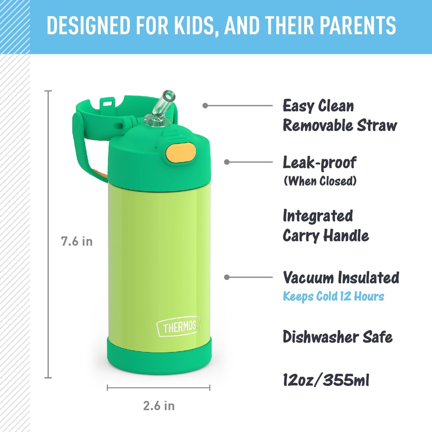 THERMOS FUNTAINER - Botella de agua con pajilla, 12 onzas