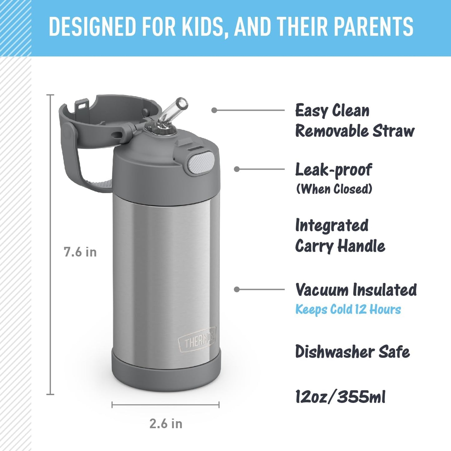 THERMOS FUNTAINER - Botella de agua con pajilla, 12 onzas