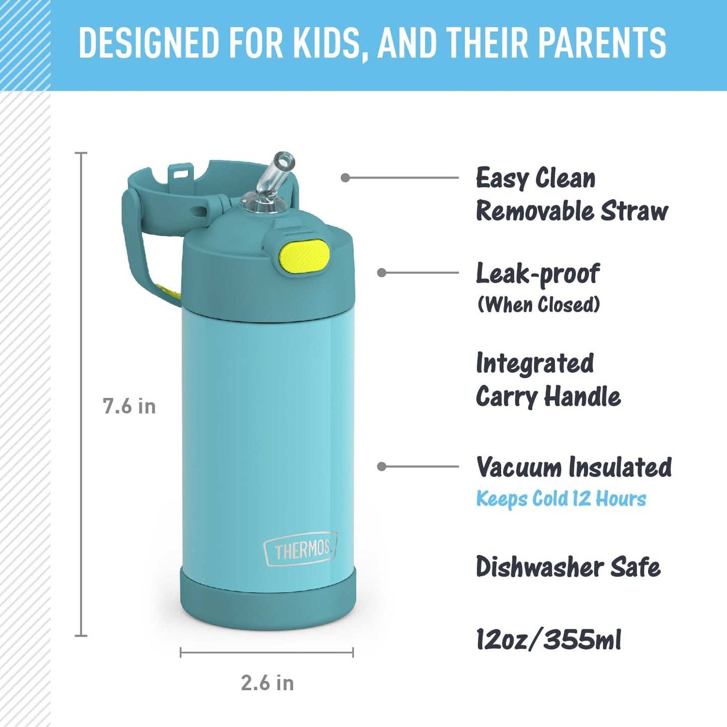 THERMOS FUNTAINER - Botella de agua con pajilla, 12 onzas