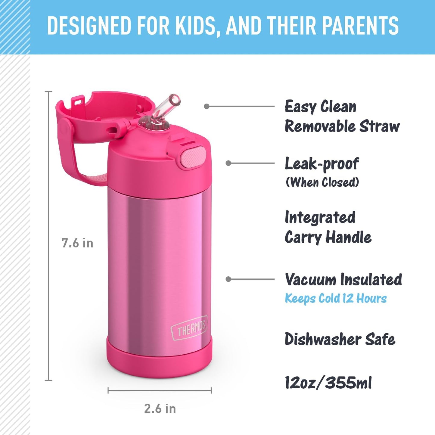 THERMOS FUNTAINER - Botella de agua con pajilla, 12 onzas
