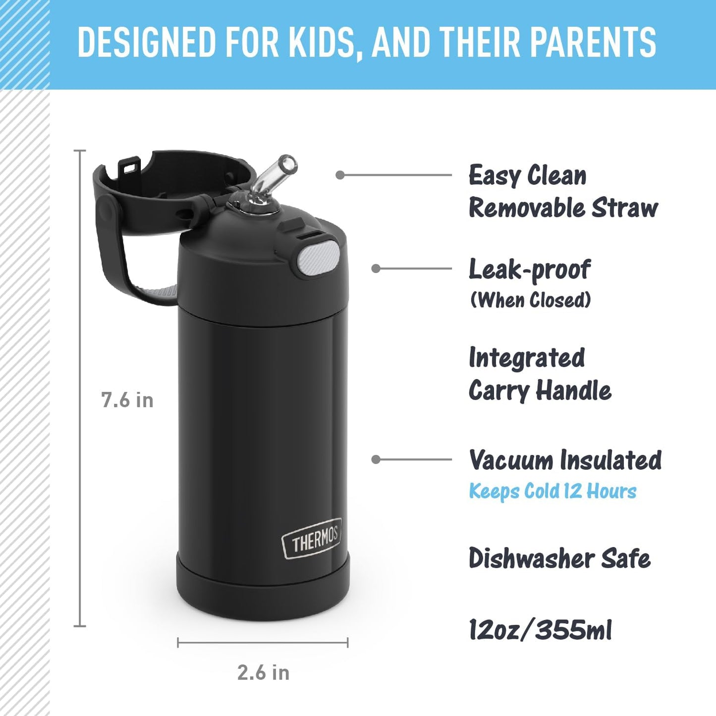 THERMOS FUNTAINER - Botella de agua con pajilla, 12 onzas