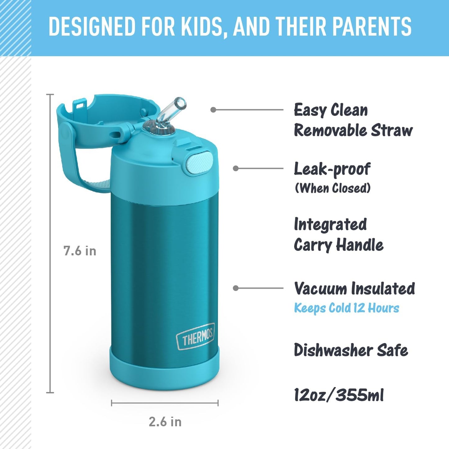 THERMOS FUNTAINER - Botella de agua con pajilla, 12 onzas