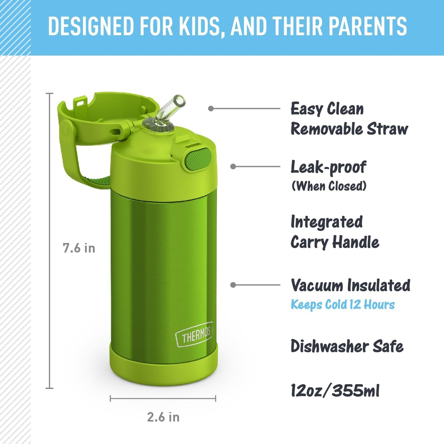 THERMOS FUNTAINER - Botella de agua con pajilla, 12 onzas