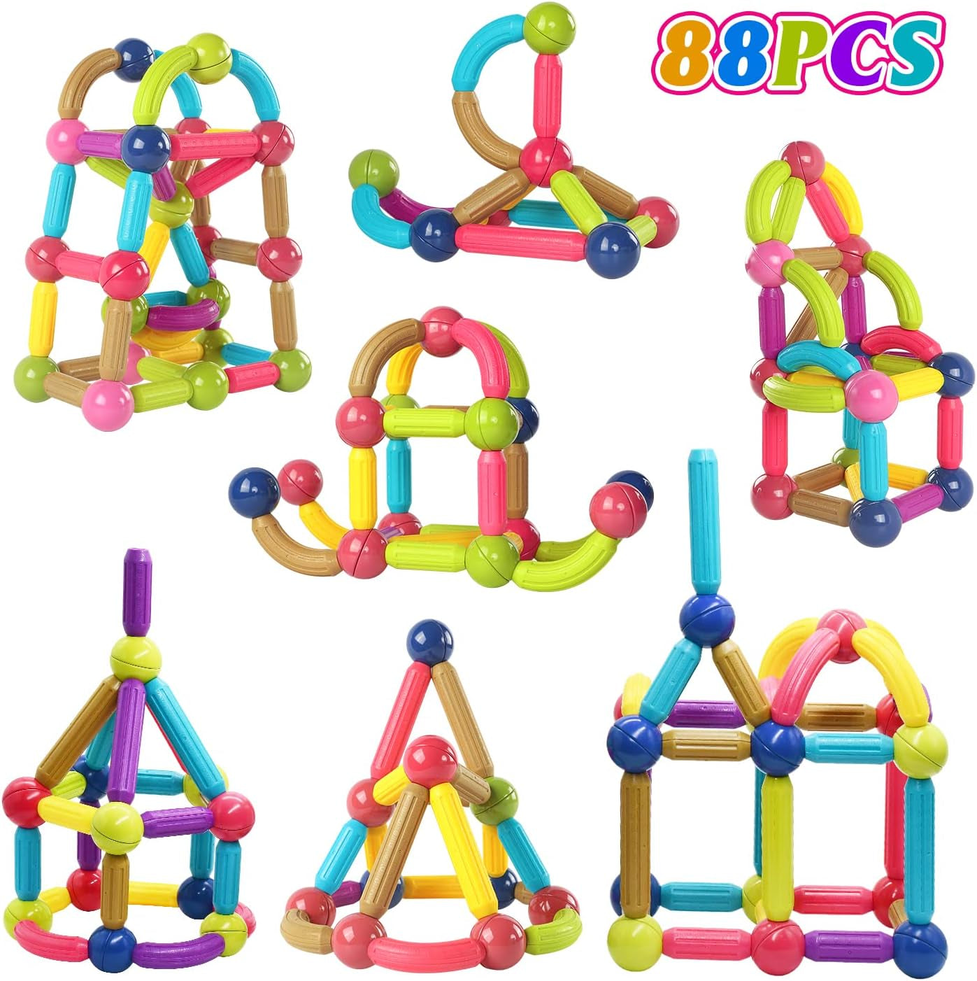 Juego de 88 bolas y varillas magnéticas, juguetes de construcción magnéticos coloridos DIY STEM bloques de construcción