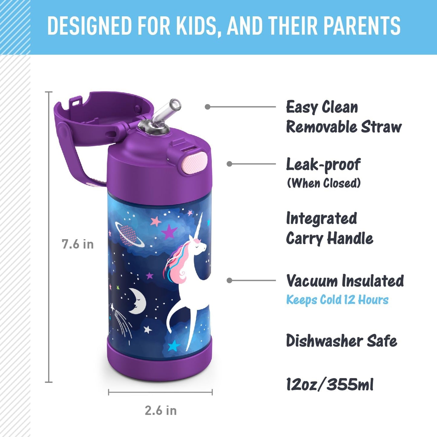THERMOS FUNTAINER - Botella de agua con pajilla, 12 onzas