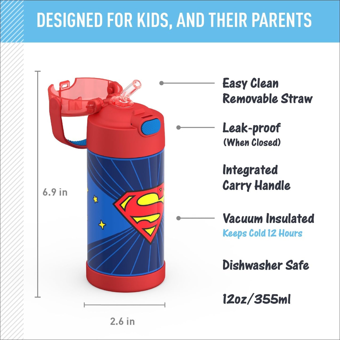 THERMOS FUNTAINER - Botella de agua con pajilla, 12 onzas