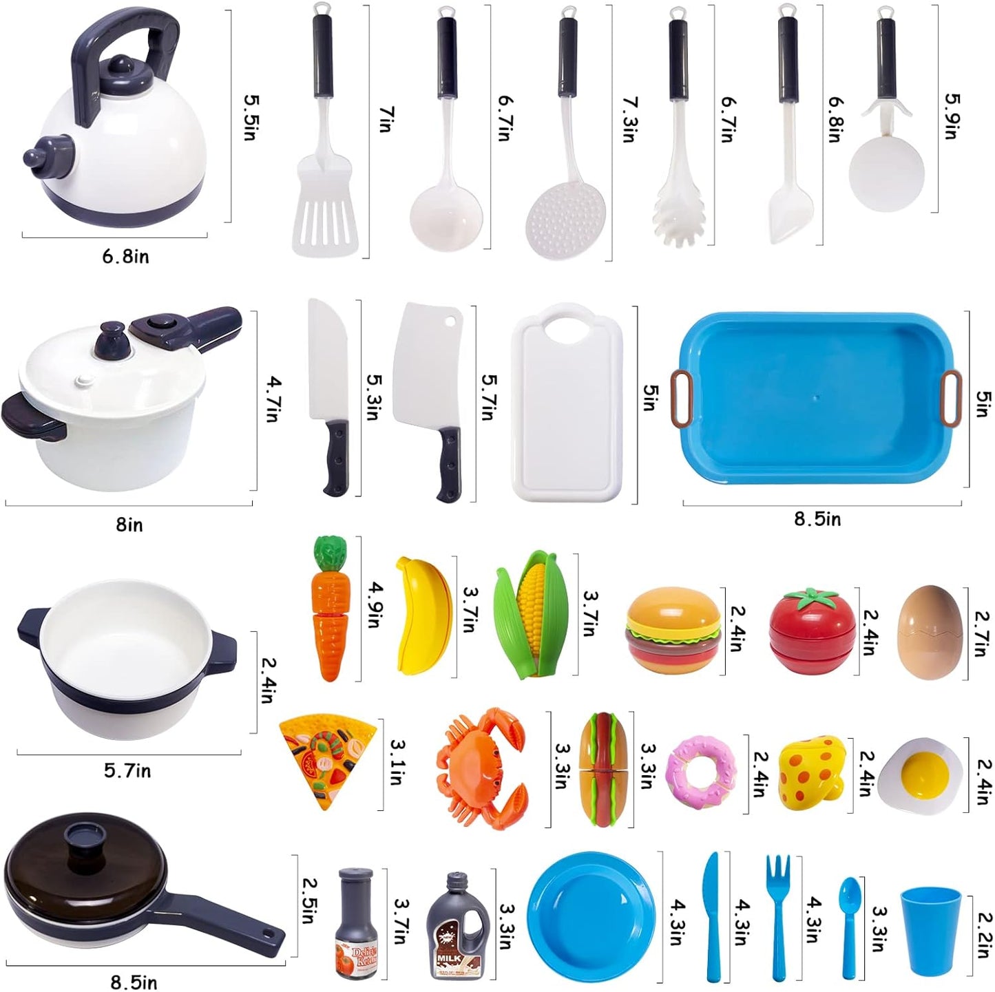 Utensilios de cocina con ollas y sartenes, utensilios de juguete de cortar alimentos, platos de juego