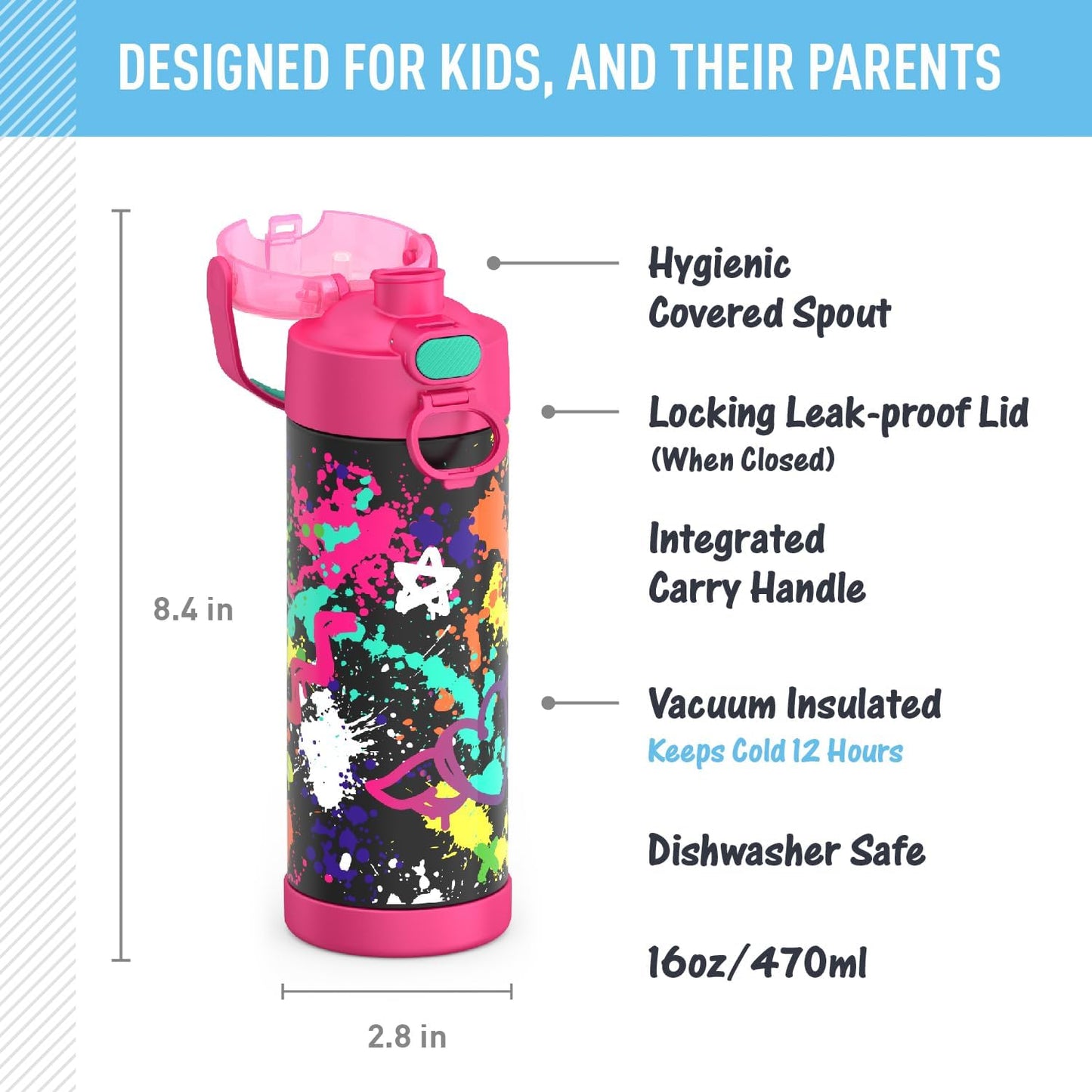 THERMOS FUNTAINER - Botella aislada al vacío de acero inoxidable de 16 onzas