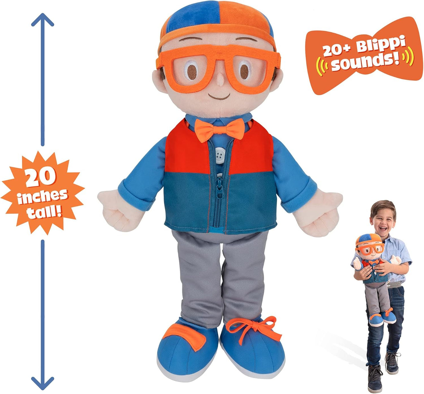 Blippi Peluche de 20 pulgadas con sonidos, enseña a los niños a vestirse