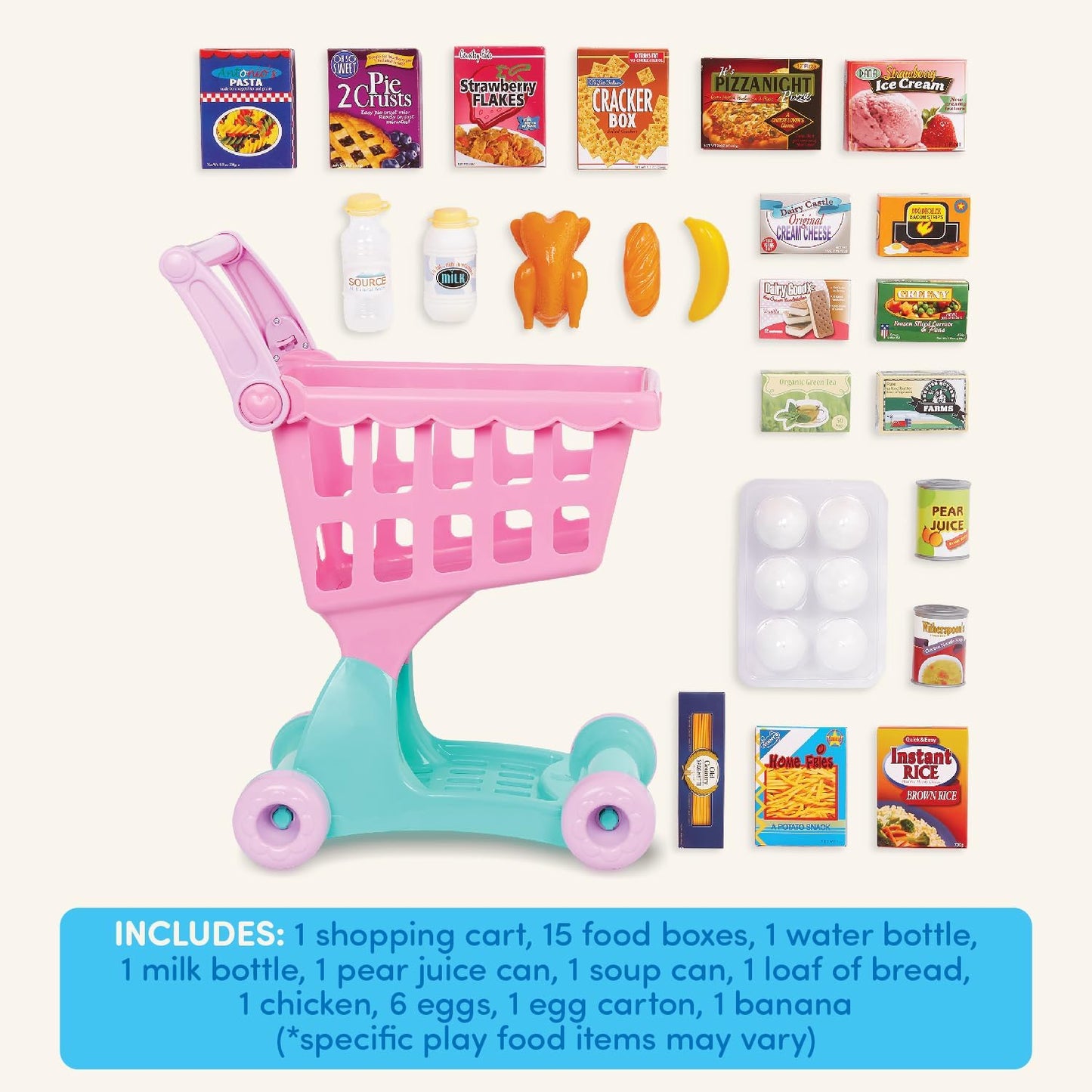 Play Circle por Battat – Carrito de compras rosa – Carrito de compras con artículos de comida de juguete– Accesorios de cocina realistas