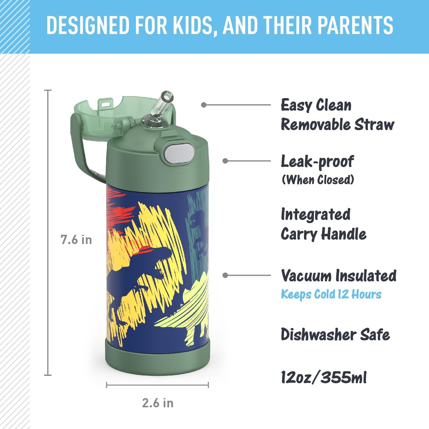 THERMOS FUNTAINER - Botella de agua con pajilla, 12 onzas