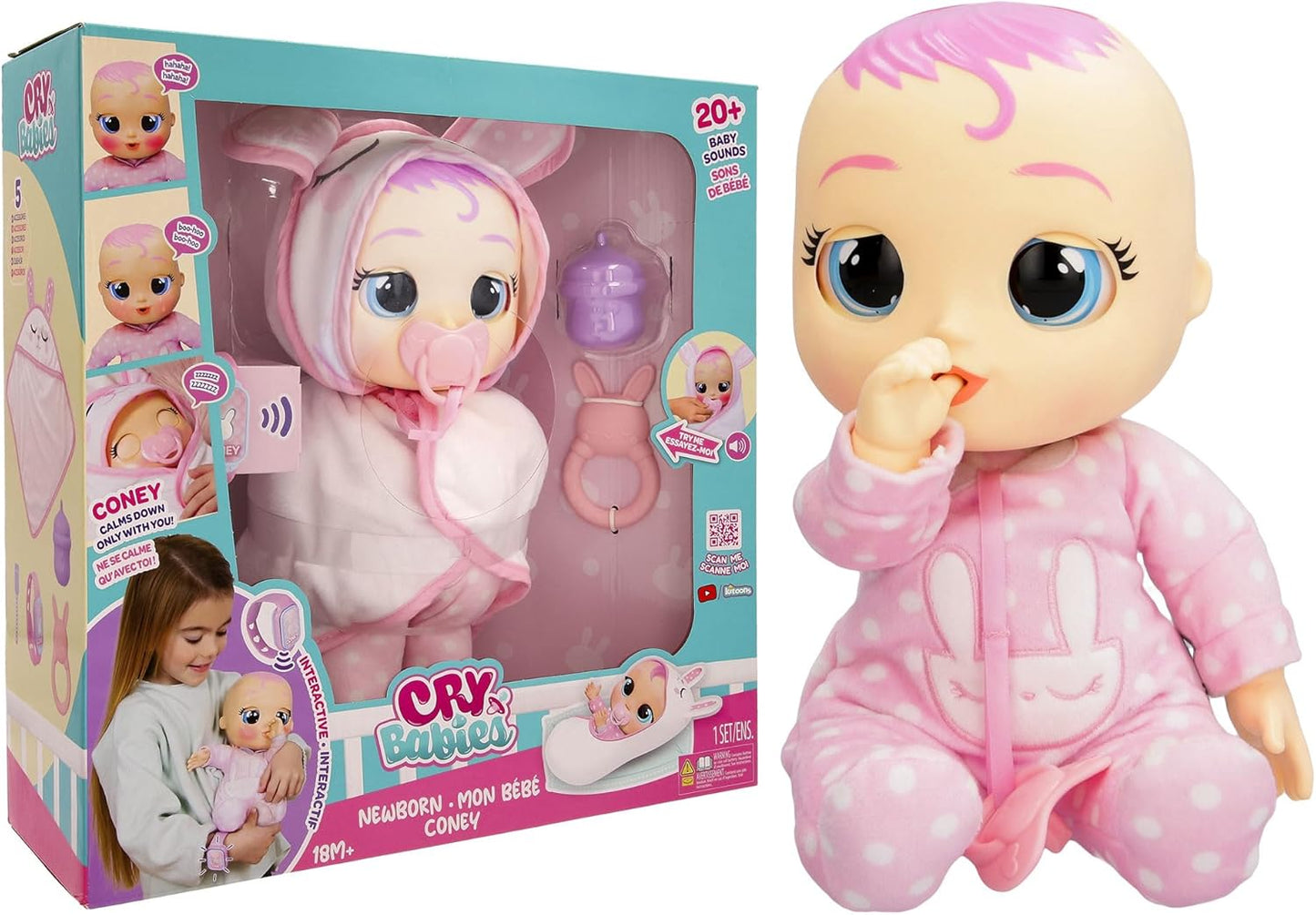 Cry Babies Muñeca recién nacida, Coney - Muñeca interactiva de bebé con más de 20 sonidos