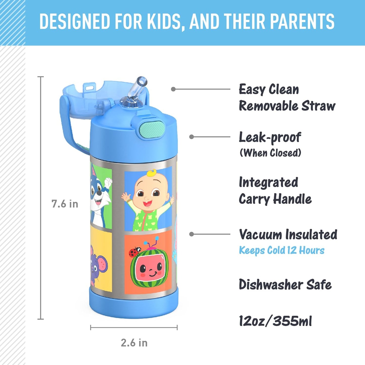 THERMOS FUNTAINER - Botella de agua con pajilla, 12 onzas