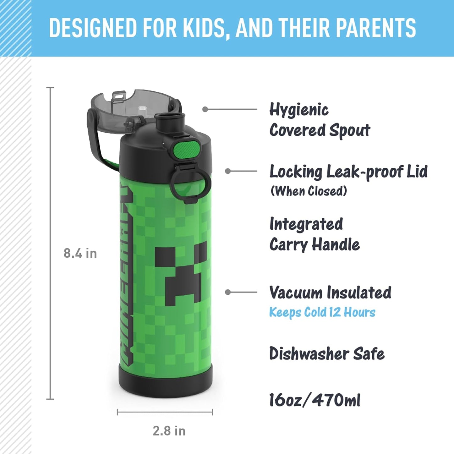 THERMOS FUNTAINER - Botella aislada al vacío de acero inoxidable de 16 onzas