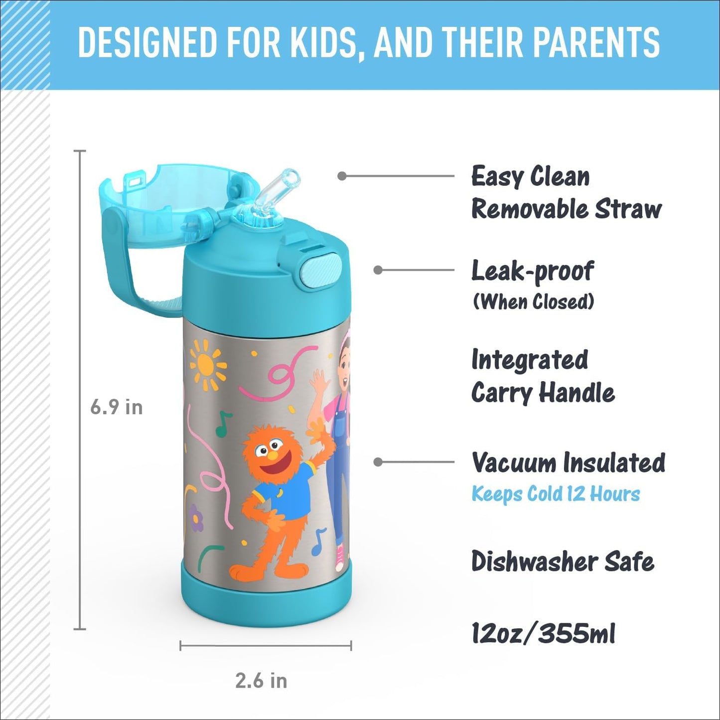 THERMOS FUNTAINER - Botella de agua con pajilla, 12 onzas