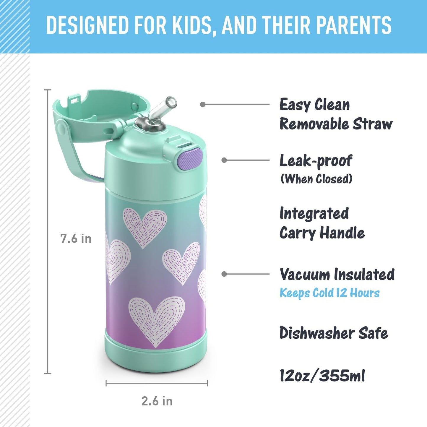 THERMOS FUNTAINER - Botella de agua con pajilla, 12 onzas