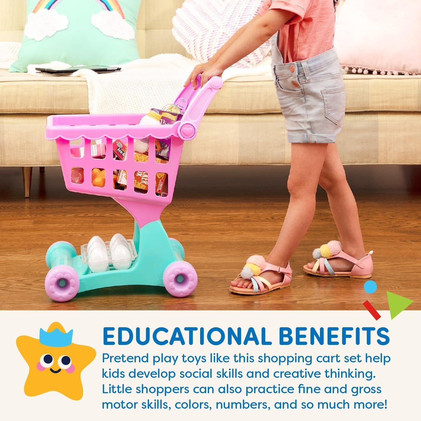 Play Circle por Battat – Carrito de compras rosa – Carrito de compras con artículos de comida de juguete– Accesorios de cocina realistas