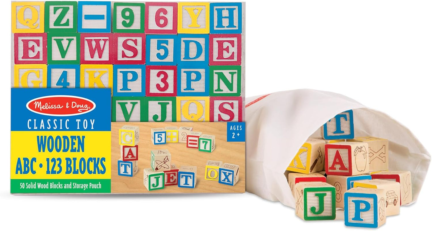 Melissa & Doug Deluxe ABC/123 Juego de bloques de 1 pulgada con bolsa de almacenamiento (50 piezas) - Letras y números/Bloques de madera clásicos ABC