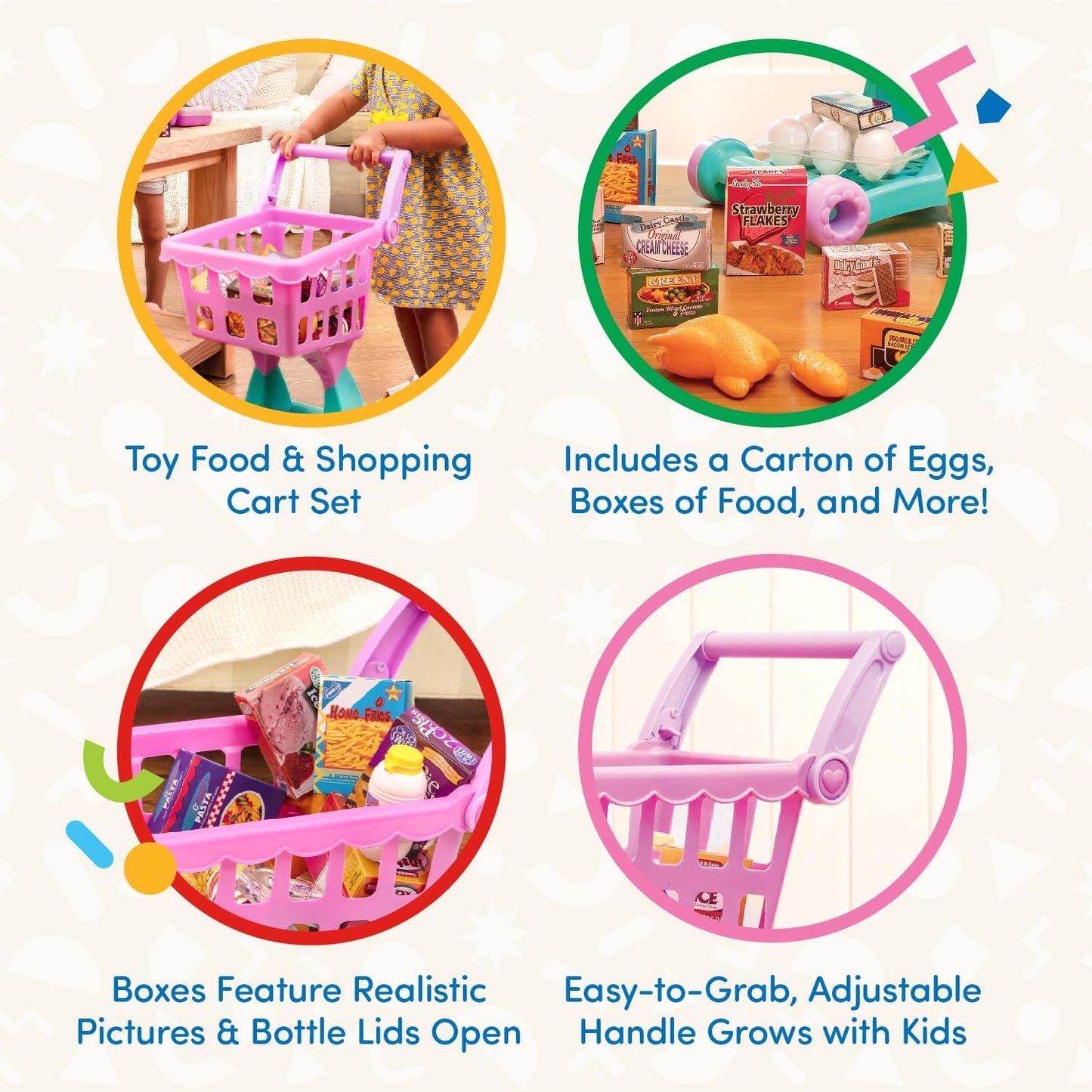 Play Circle por Battat – Carrito de compras rosa – Carrito de compras con artículos de comida de juguete– Accesorios de cocina realistas