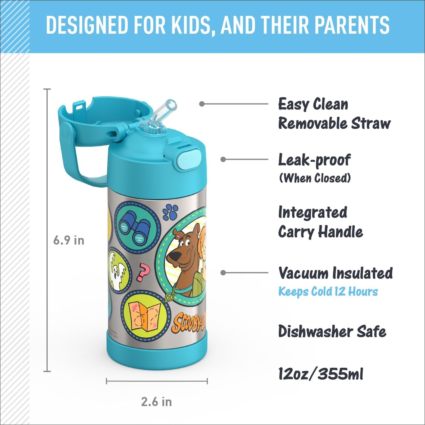 THERMOS FUNTAINER - Botella de agua con pajilla, 12 onzas