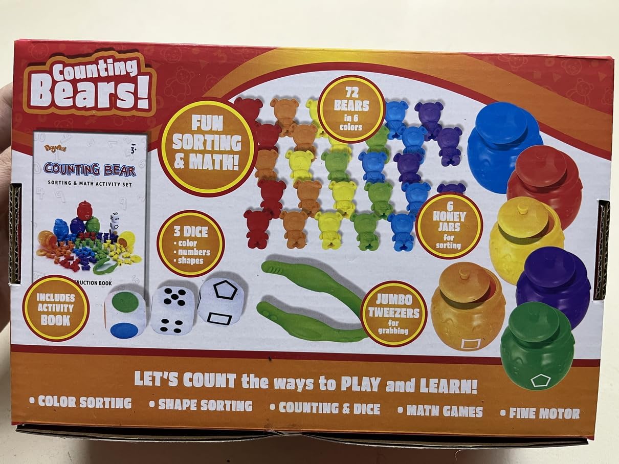 Osos de conteo arcoíris con tazas de clasificación a juego, juego de 83 juguetes de aprendizaje para niños a partir de 3 años, clasificación de números, reconocimiento de color, pinzas, dados