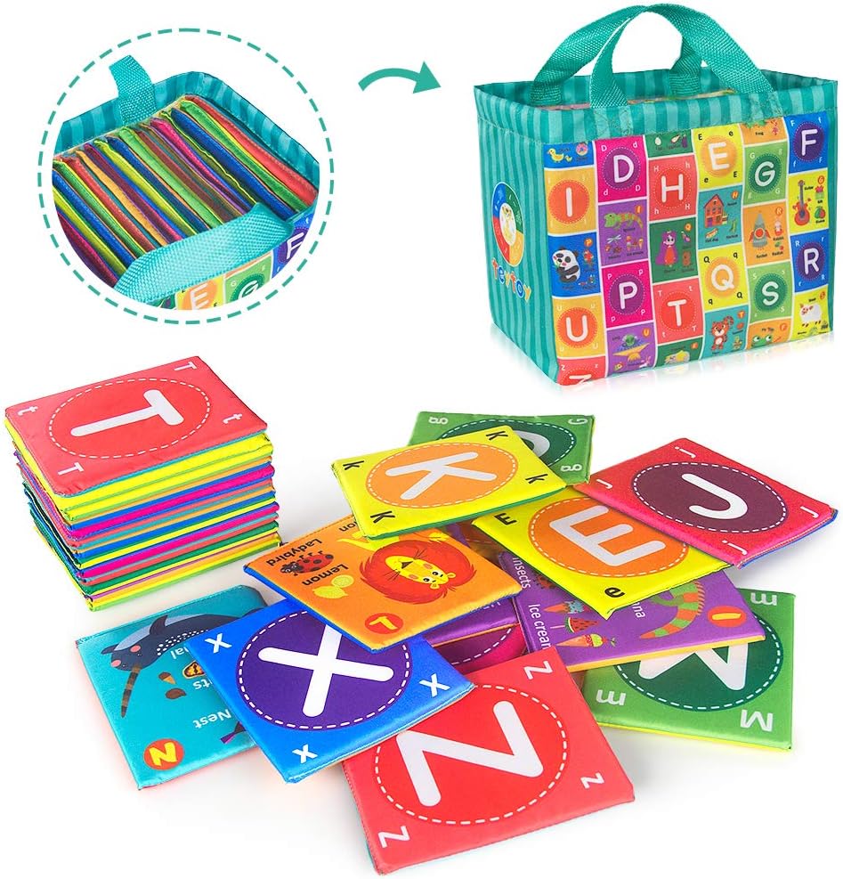 Juguetes suaves de tarjetas del alfabeto para bebé, 26 piezas de tarjetas flash del alfabeto ABC, juguete de aprendizaje temprano con bolsa de almacenamiento, juguete de letras suaves lavables