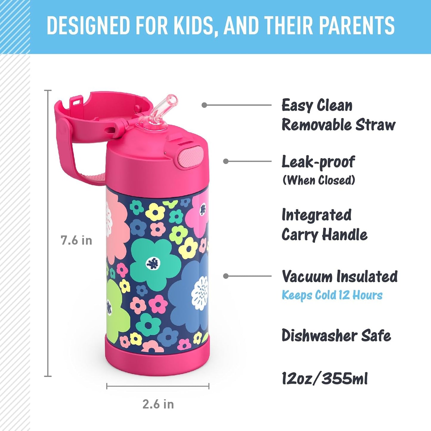 THERMOS FUNTAINER - Botella de agua con pajilla, 12 onzas