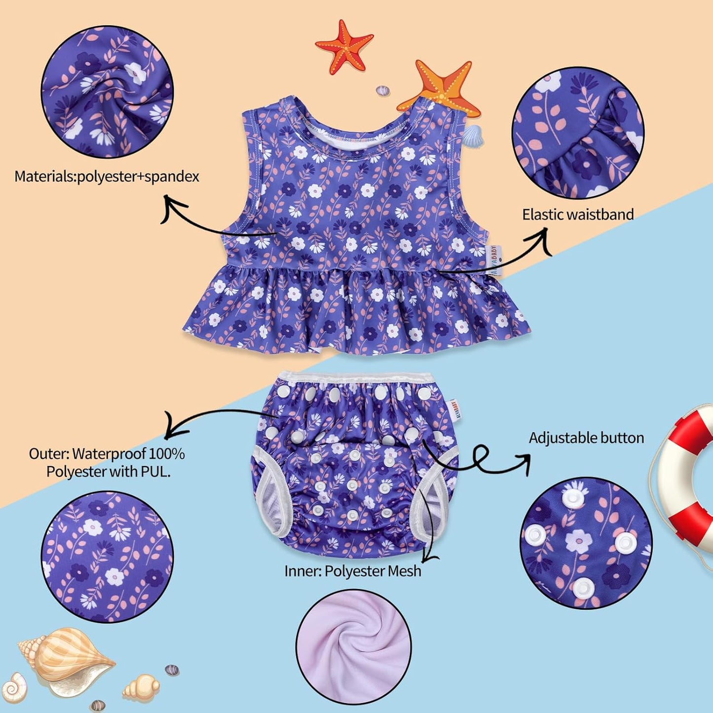 ALVABABY Traje de baño, pañal de natación reutilizable