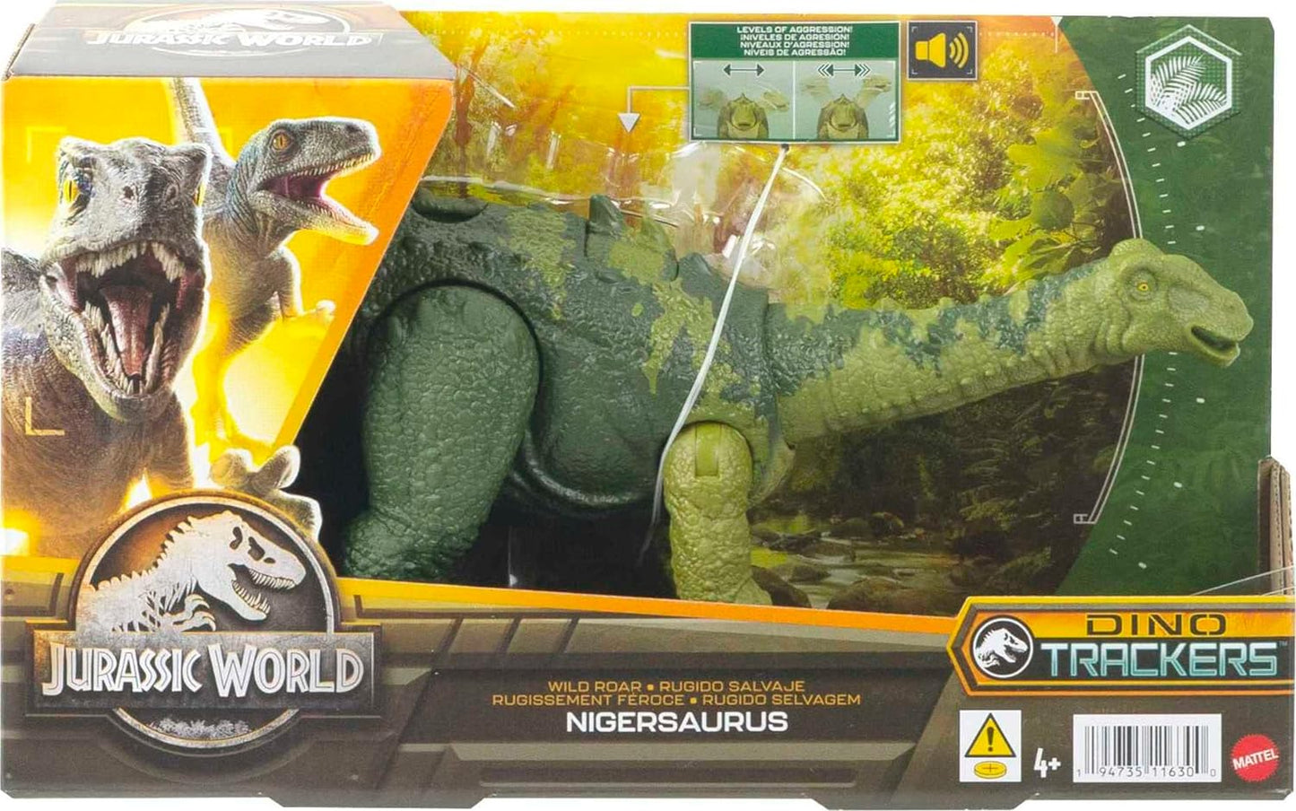 Mattel Jurassic World Wild Roar - Juguete de dinosaurio con sonido y movimiento de ataque, figura de acción de Nigersaurus