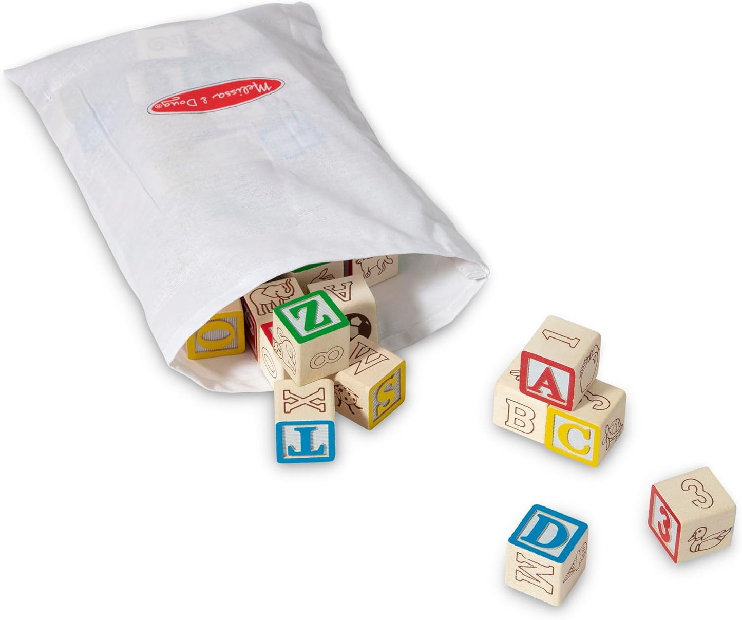 Melissa & Doug Deluxe ABC/123 Juego de bloques de 1 pulgada con bolsa de almacenamiento (50 piezas) - Letras y números/Bloques de madera clásicos ABC