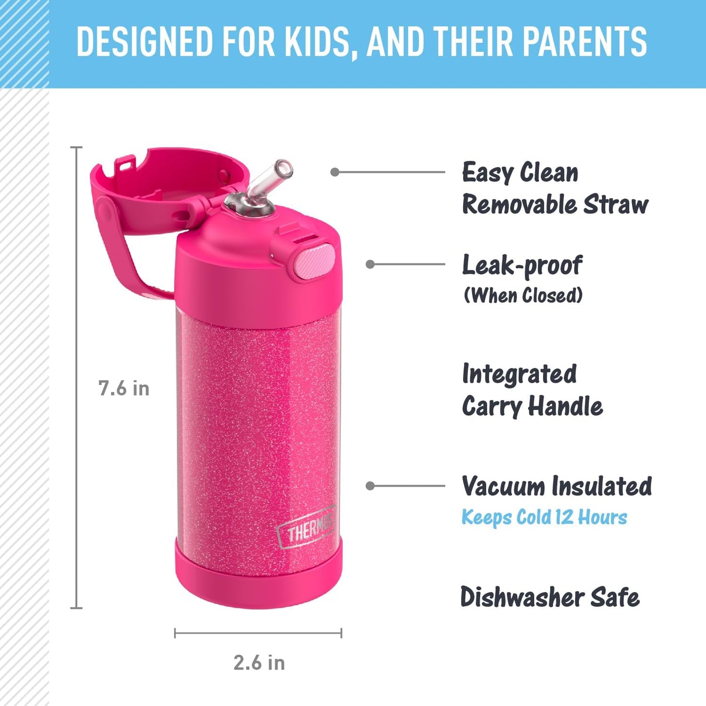 THERMOS FUNTAINER - Botella de agua con pajilla, 12 onzas
