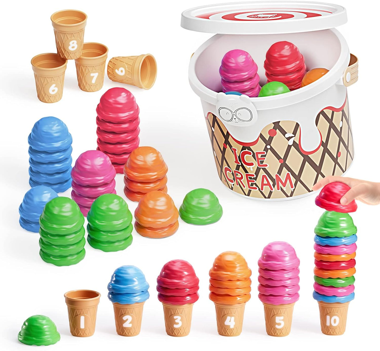 Juego de actividades de aprendizaje preescolar para helados, conteo y clasificación de colores