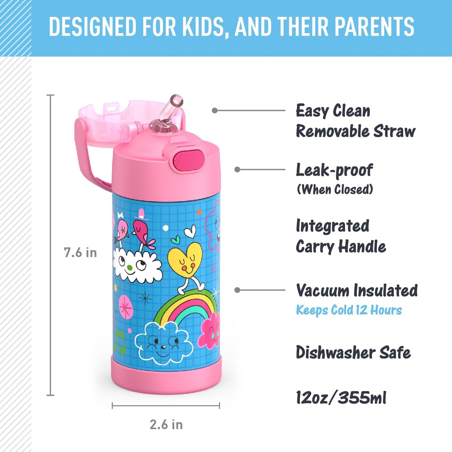 THERMOS FUNTAINER - Botella de agua con pajilla, 12 onzas