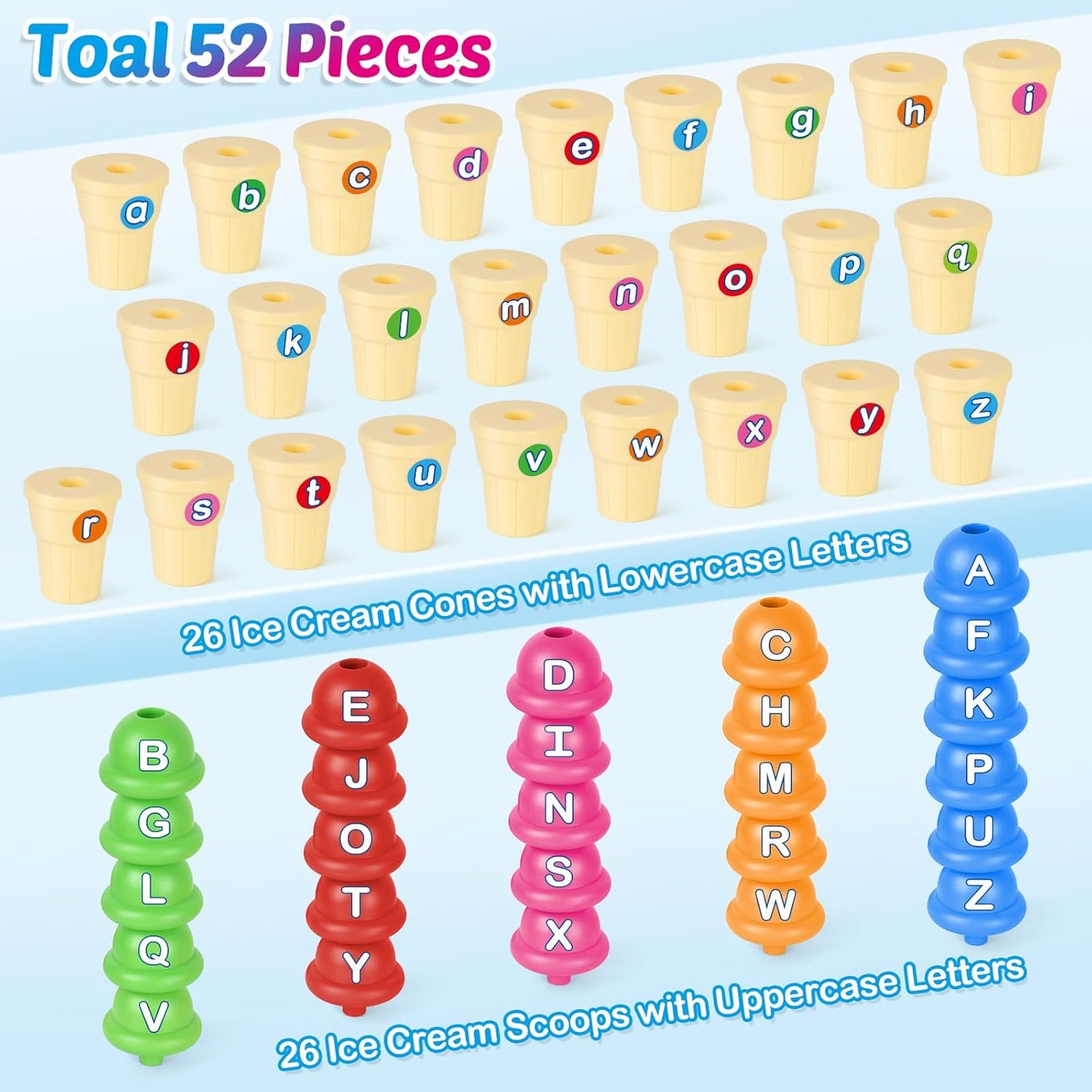 Juego de juguetes de helado de aprendizaje del alfabeto, juguete de aprendizaje para niños pequeños, reconocimiento de letras ABC a juego de 26 letras