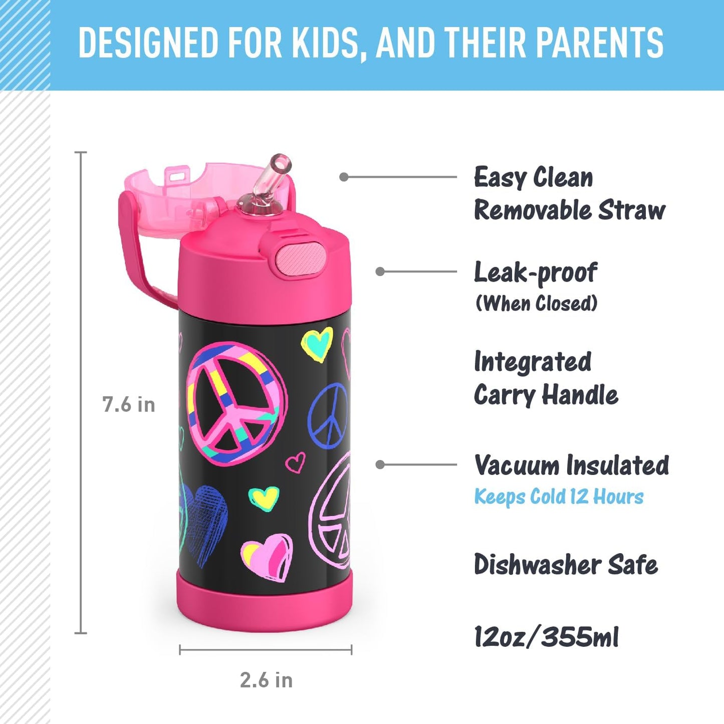 THERMOS FUNTAINER - Botella de agua con pajilla, 12 onzas