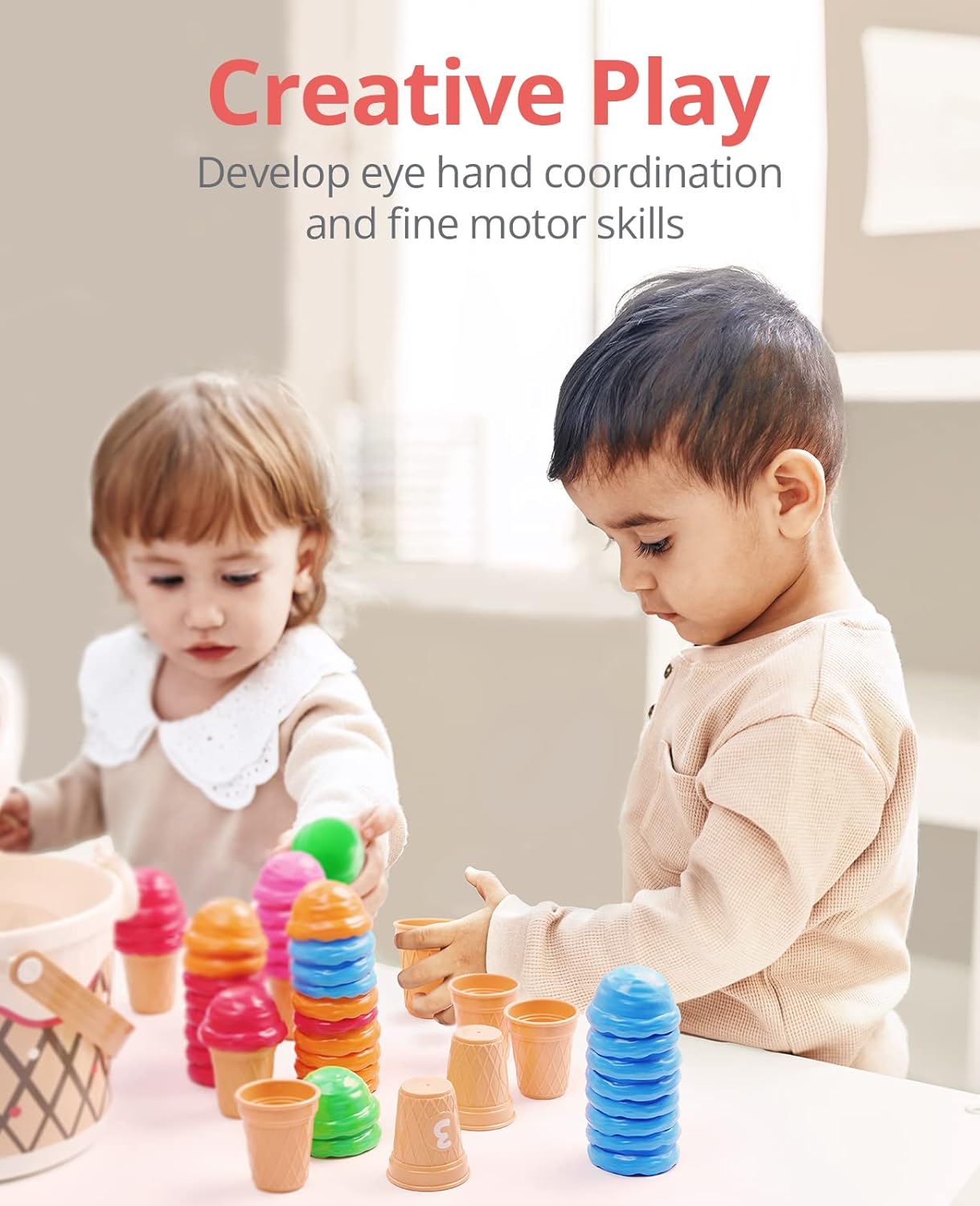 Juego de actividades de aprendizaje preescolar para helados, conteo y clasificación de colores