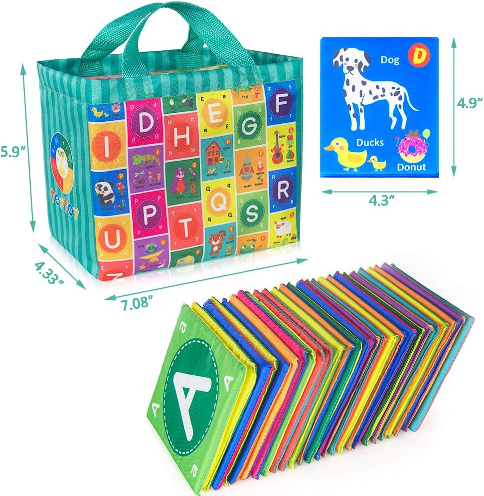 Juguetes suaves de tarjetas del alfabeto para bebé, 26 piezas de tarjetas flash del alfabeto ABC, juguete de aprendizaje temprano con bolsa de almacenamiento, juguete de letras suaves lavables