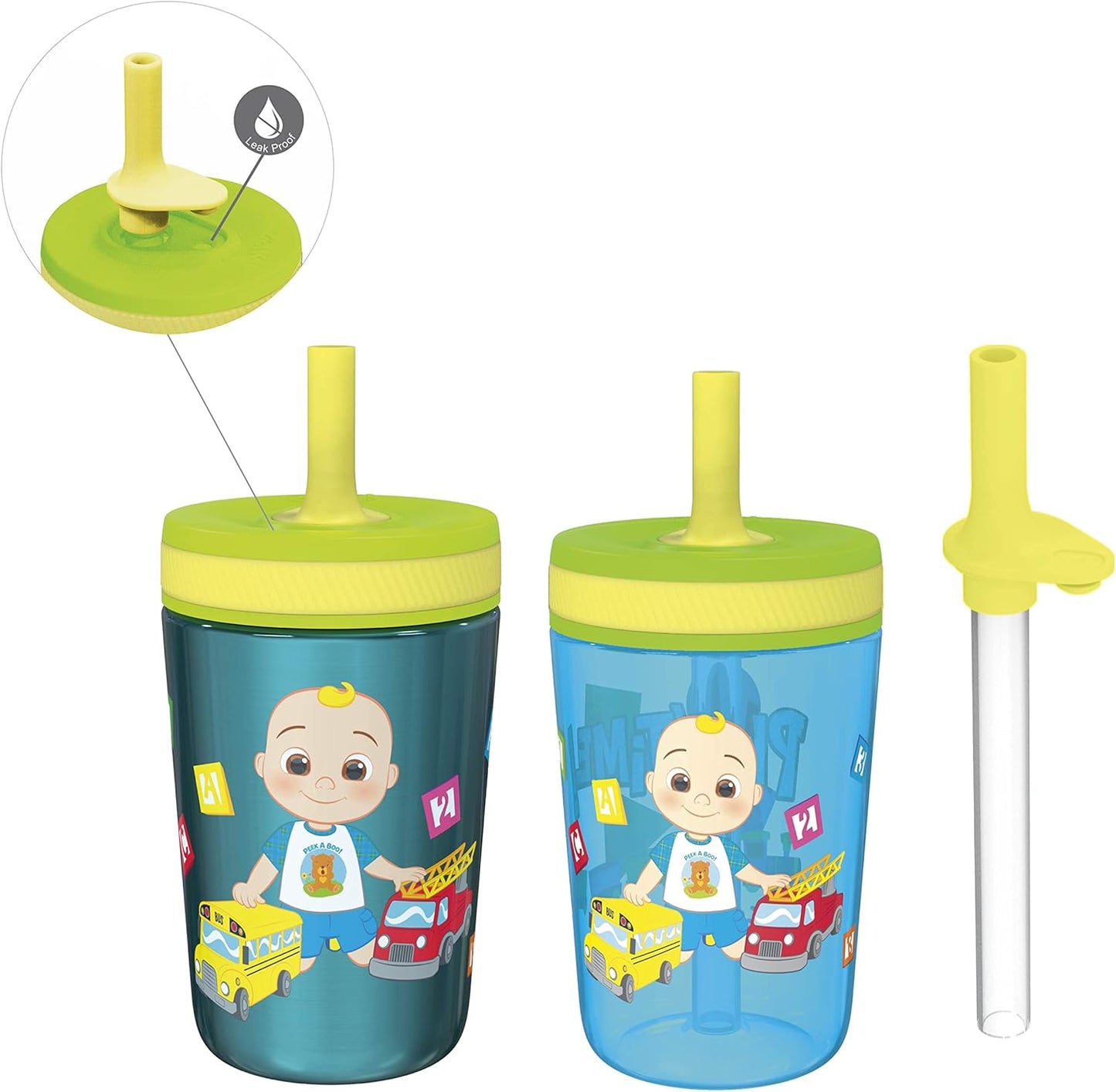 Zak Designs CoComelon Kelso - Juego de vasos con tapa de rosca a prueba de fugas con pajilla, paquete para niños, incluye vasos de plástico y acero inoxidable con sorbete