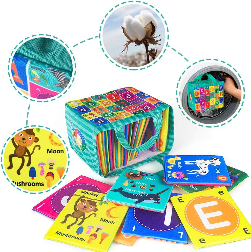 Juguetes suaves de tarjetas del alfabeto para bebé, 26 piezas de tarjetas flash del alfabeto ABC, juguete de aprendizaje temprano con bolsa de almacenamiento, juguete de letras suaves lavables