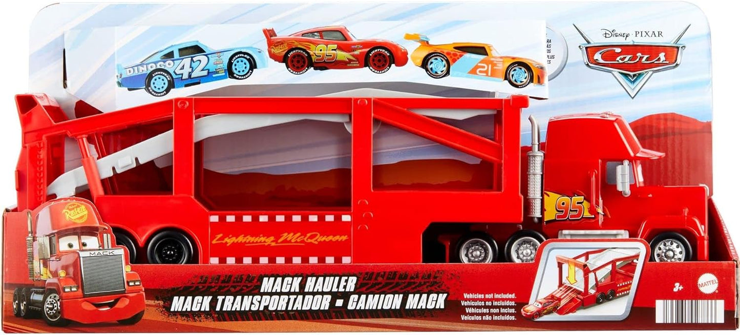 Mattel Disney and Pixar Cars Mack Hauler, camión transportador de juguetes de 13 pulgadas con rampa y almacenamiento de transporte para 12 vehículos