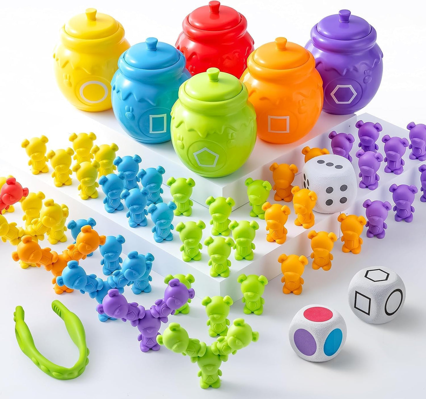 Osos de conteo arcoíris con tazas de clasificación a juego, juego de 83 juguetes de aprendizaje para niños a partir de 3 años, clasificación de números, reconocimiento de color, pinzas, dados