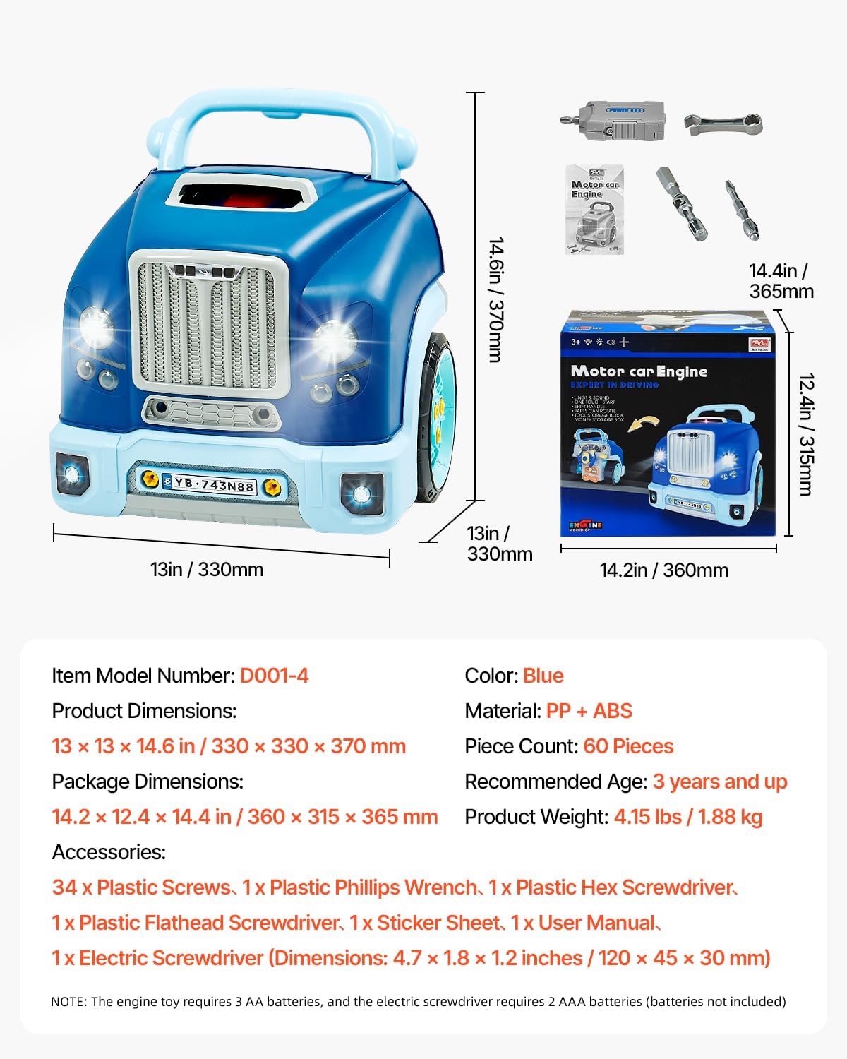 Juguete de motor, 60 piezas, juego de reparación de automóvil mecánico, con piezas extraíbles, luces y sonidos,