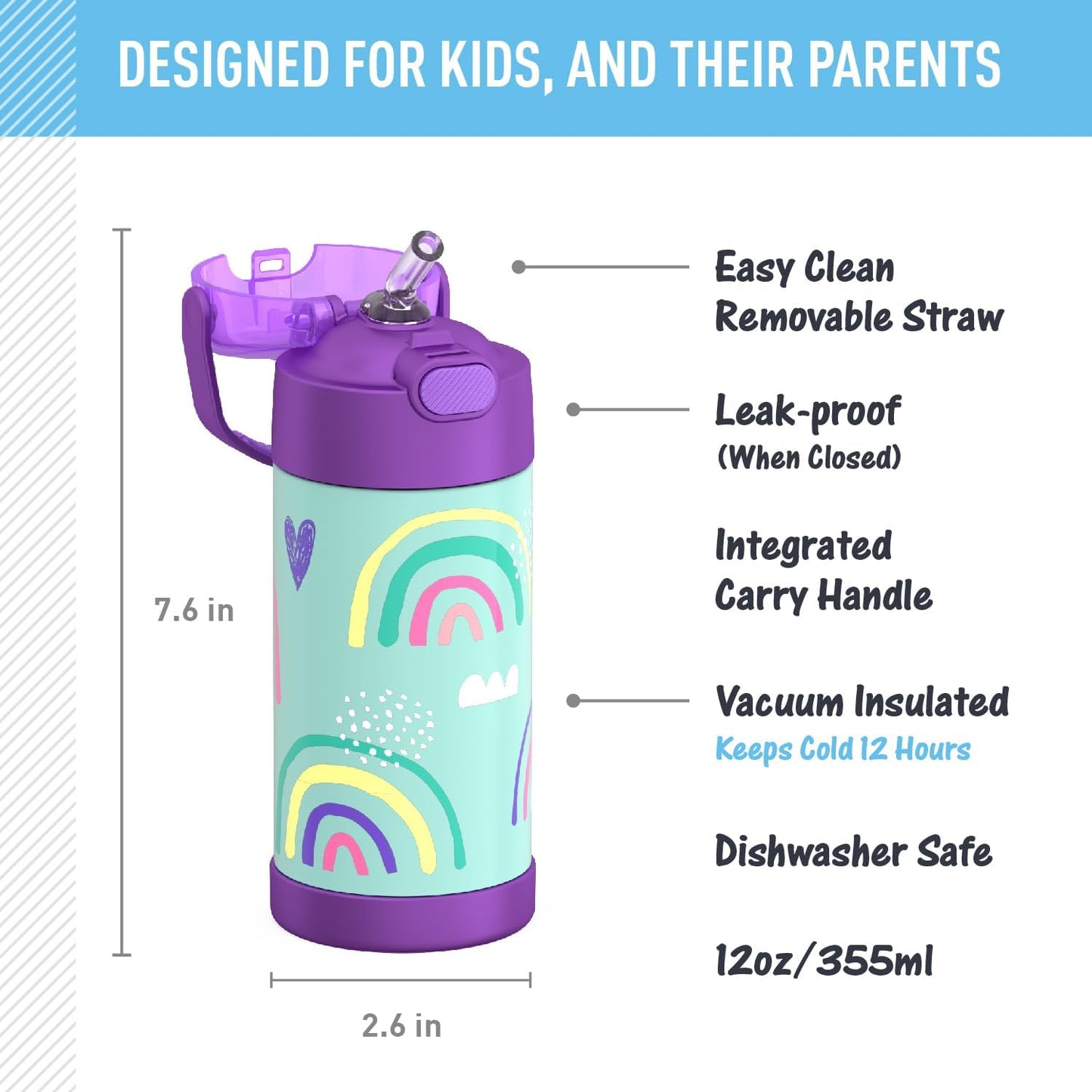 THERMOS FUNTAINER - Botella de agua con pajilla, 12 onzas