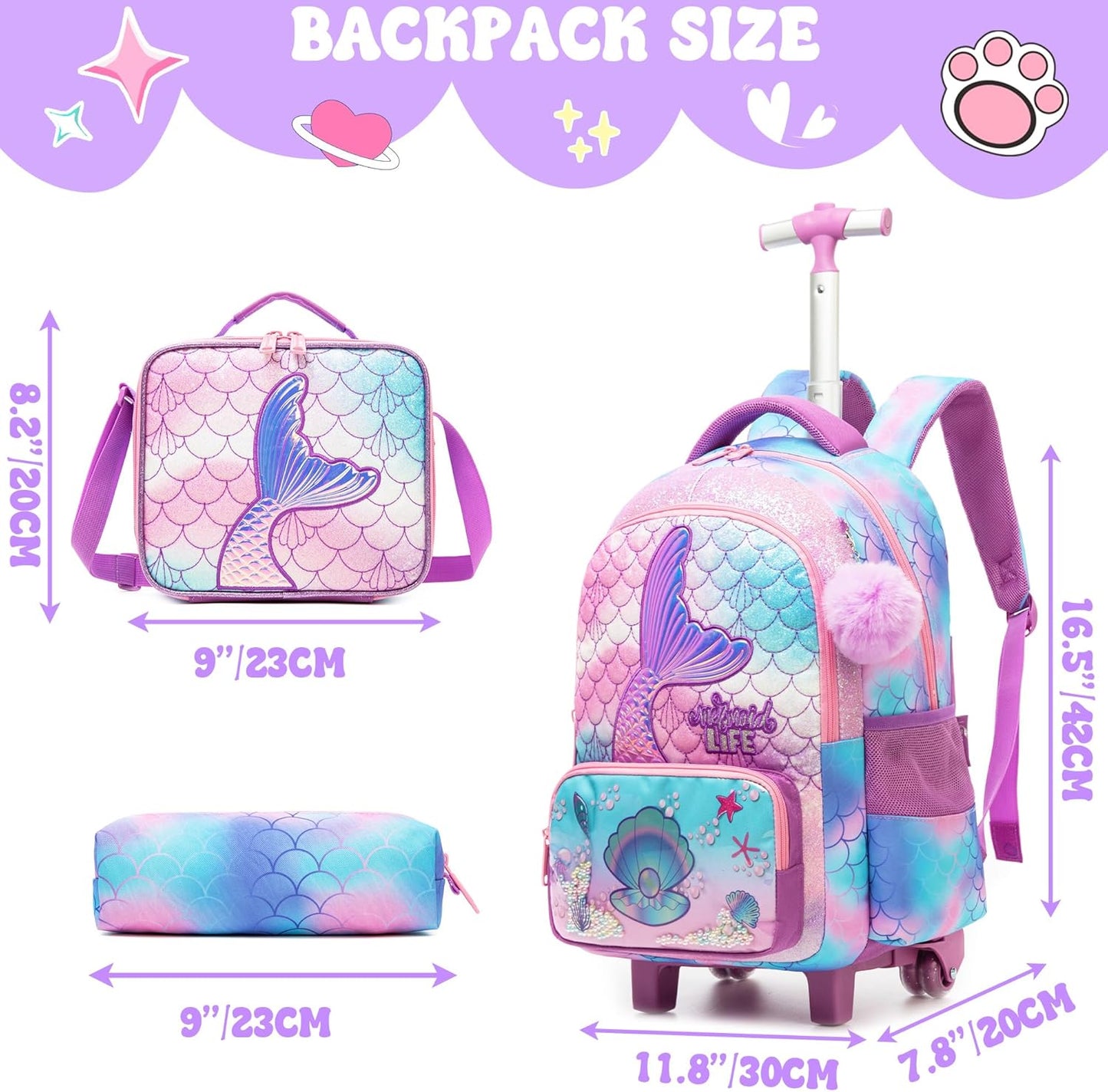 Set de Mochila con rueda 16.5 pulgadas, 3 piezas