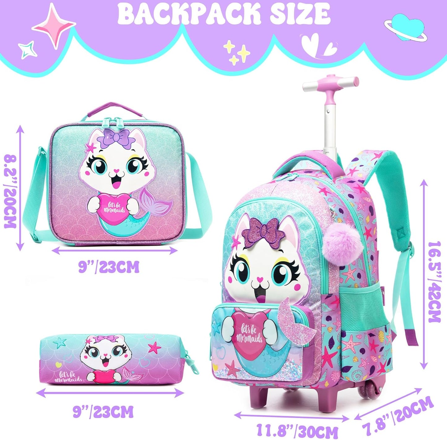 Set de Mochila con rueda 16.5 pulgadas, 3 piezas