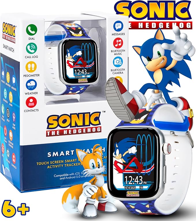 Sonic the Hedgehog - Reloj inteligente para niños, llamadas Bluetooth, mensajes, cámara, música, rastreador de sueño, aplicaciones de fitness y actividad, 6 caras de reloj, pantalla táctil, recargable